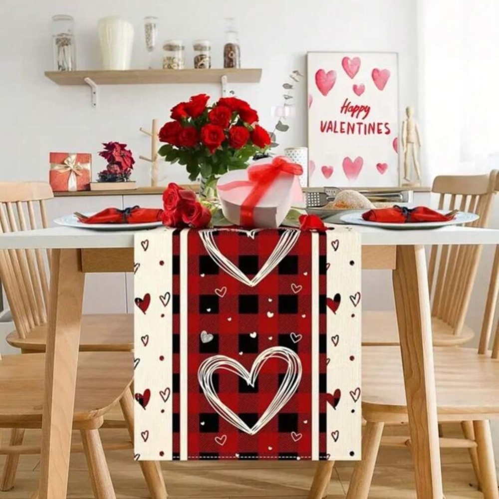 NWT-Cream w/ Red & Black Buffalo Check Stripe w/ Large White Hearts Table Runner